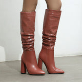 New Autumn Winter Zebra Print Women Boots Fashion Pleated Square High Heel Knee High Boots Ladies Slip On Pointed Toe