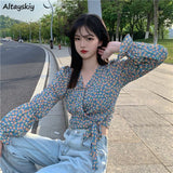 Women Ins Floral Summer Trendy Sexy Femme Crop Top Lace-up All-match Daily Soft Womens Shirts Puff-sleeve Vintage