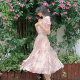 V-neck Print Dress French Style Women Elegent Party Pink Midi Dress Female Fashion A Line Holiday Korean Clothes