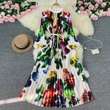 Zingj Luxury Retro French Round Collar Lantern Long Sleeve Print Dress Women's Belt With Loose Waist Show Thin Pleated