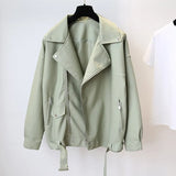 New Spring Women Loose Pu Faux Leather Jacket with Belt Streetwear Moto Biker Black Coat BF Style Oversized