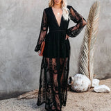 2022 Summer Vintage Women Sexy Maxi Dress Long Sleeve Embroidery See Through White Lace Long Beach