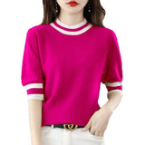 Round Collar Half-Sleeve Tight Cover Sweater Five-Point Sleeve Top Female Knitting Bottom Flying Sleeve Half-High