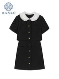 Summer Black Mini Shirt Dress Women Korean Fashion Elegant Vintage Sweet Peter Pan Collar Short Sleeve Party Vestidos