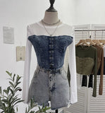 Real Shooting Denim Splicing Mesh Design Long-Sleeved T-Shirt Wearing Rope Tie Short Repair Body Coat