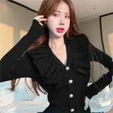 V Neck Sweater Cardigan Women Full Sleeve High Stretch Knit Sweaters Shirts For Slim Girls Autumn