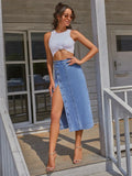 Side Slit Buttoned Denim Midi Skir- Outfit