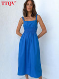 Women Square Collar Blue Summer Dress 2022 Fashion Slim High Waist Midi Dresses Bodycon Sleeveless A-Line Female