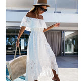 Maxi Party Dress for Women 2021 Summer Off The Shoulder Sexy Lace Dresses Woman Bohemian Asymmetrical Short Sleeves