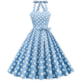 De Cocktail Vintage Dress Halter Cotton Polka Dot Print Blue Short Party Sundress 50s 60s Retro Pin Up Rockabilly