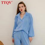 Biege Casual Loose Women Shirt Elegant Long Sleeve Lapel Office Fashion Woman Blouses 2021 Chic Pleated Blue Top