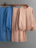 2023 Home Wear Knitted Suits Ladies Turtleneck Loose Long Pullovers+Elastic Knit Pants Casual Sweater Two Pieces