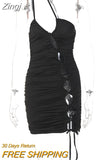 Drawstring Ruched Lace Up Hollow Out Mini Dress Cut Out Bodycon Sexy Club Outfit Party Streetwear Festival Clothing