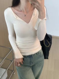 Tight V-Collar Skinny Bottomed Shirt Long-Sleeved T-Shirt Women's Early Autumn New Design Feel A Small Number Of Pure Desire To Wear Inside The