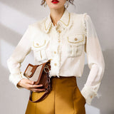 Summer New Tweed Patchwork Chiffon Shirt Blouse Women Vintage Long Sleeve Gold Chain Pearls Weave Tassels Pocket