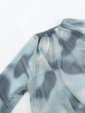 Print Tulle Crop Top Women Ruched Mesh Blouse Female Blue Long Sleeve Tops For Women 2023 Streetwear Chic Woman