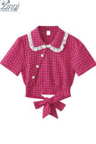 Plaid Shirt Kawaii Peter Pan Collar Preppy Style Women's Blouses Sweet Short Sleeve Bow Tops 2023 Summer Fashion