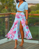 Women Holiday Summer Floral Leaf Print Patchwork Crop Tops High Slit Maxi Dress Two Piece Set Suit Sexy Long Beach