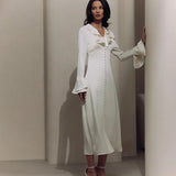 Zingj Women's Wear 2024 Spring French Dress Flounce V Neck Horn Sleeve Single Breasted Temperament Slim Dress Female-Outfit