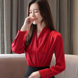 Artificial Silk Blouses Women Wear to Work Chiffon Shirts Plus Size Femme Blusas White Red Black Pink Ladies Satin
