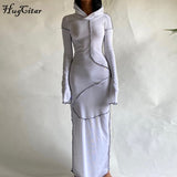 Long Sleeve Hooded Patchwork Skinny Maxi Dress Autumn Winter Women Fashion Streetwear Casual