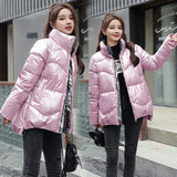 2020 Autumn Women's Winter Coats Fashion Silver Stand Collar Parkas Winter Jacket Women Pockets Padded Cotton