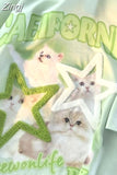 Cat Kawaii Print Oversize Tshirts American Retro Summer O-Neck Tees Short Sleeve Women Y2k Sweet Harajuku