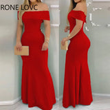 Women Plain Off Shoulder Ruffle Hem Maxi Bodycon Dress Party Sexy Dress Elegant Fashion