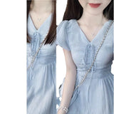 Zingj Sweet V Gets Blue Tie Belt Dress Female Summer New Style Close Waist Show Thin Fold Wrinkle First Love Long Skirt-Outfit