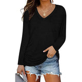 Zingj New 2023 Autumn / Winter 2023 Women's V-Neck Pleated Long Sleeve T-Shirt Solid Color Loose Casual Top-Outfit