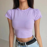 Zingj New Women's Wear Summer Basic Net Round-Collar Short-Sleeved Solid Color Navel Slim Short