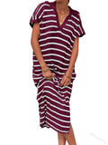 Zingj Summer Dress Women's V-Neck Stripe Low Slit Lapel Long Sweater Even-Outfit