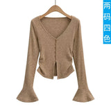 Zingj Fashion Women's Fashion Autumn And Winter New Spice Girl V-Neck Single-Breasted Flared Sleeve Knitted Cardigan Slim