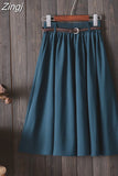 Women Preppy Style Summer Skirt Casual A-line Solid With Belt Mid-length Fashion Elegant Chic Girls Midi Skirts