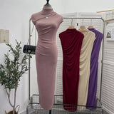Ceclent Unique Dress With Thin Folds And Hips High-Collar After The Opening Of The Fork Dress