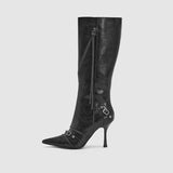 Zingj Rivet Boots Female 24 New Thin Heel Hot Girl High Heel Motorcycle Boots Zipper 7Cm Fashion High Boots-Outfit