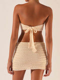 Women Sexy Knitted Hollow Out Tube Mini Dress Strapless Off Shoulder Patchwork Dress Summer Party Female Vestido