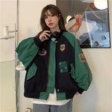 retro handsome green stitching women jacket Y2K oversized long-sleeved bomber jacket loose jacket for women winter