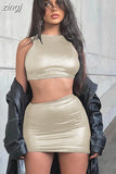Fashion Silky Concise Two Piece Set Women Sleeveless Skinny Vest+Drawstring Hip Skirt Lady Vacation Clubwear