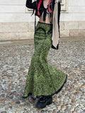 Green Lace Printed Trumpet Long Skirt- Outfit