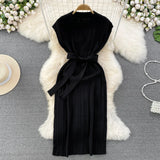 Zingj Summer Korean Version Retro Temperament Short Sleeve Polo Collar And Waist Show Thin Bow Tie With A-Line Knit