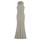 Zingj Trendy Women's Dress Is Full Of Style, Elastic, Slim, Half-High Collar, Sleeveless Vest, Long Skirt, Buttocks, Fishtail