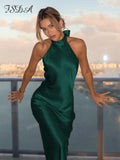 2022 Summer Halter Neck Midi Satin Dress Women Backless Sleeveless Green Sexy Club Party Dresses Bodycon Off