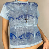 Harajuku Eyes Print T-shirt Long Sleeve Women Crop Top Y2K Aesthetic Sweats Tess Gothic Punk Style Tshirt