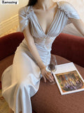 Women Elegant Summer Deep V Midi Dress Sexy Prom Evening Bodycon Party Birthday Club Fashion