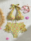2024 New Small Fresh Print High-Waisted Fly-Side Swimsuit Bikini