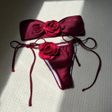 2024 New Solid-Colored Rose Breast Drawstring Strap Split Swimsuit