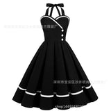 Women Summer Elegant Halter Sexy Party Pleated Dress Pinup Casual Solid Vintage Swing 50s 60s Retro Rockabilly Dresses