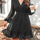 Clip Dot Lace Mini Dress For Women Sexy V-Neck Long Sleeve A-line Party Dress 2023 Spring Autumn Female Pullovers