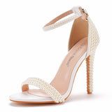 Heel Sandals White Buckle Shoes Fine Heel Fish Mouth Roman Sandals White Pearl